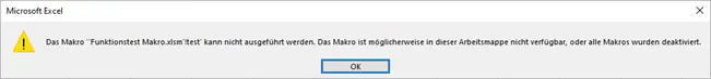 Screenshot: Messagebox in Excel - Das Makro kann nicht ausgeführt werden