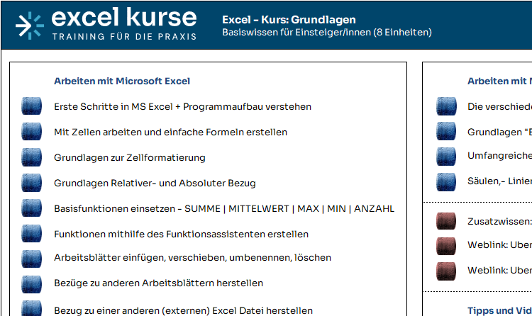Screenshot: Hauptmenü Excel Kurs: Grundlagen