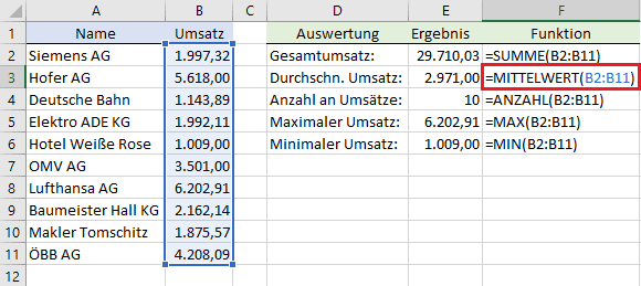 Screenshot Excel - Beispiel Funktion MITTELWERT