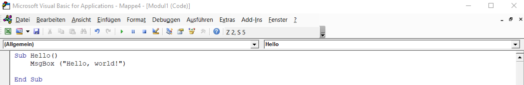 Screenshot Excel - Beispielcode eines Makros