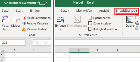 Screenshot Excel - Entwicklertools Schaltflächen
