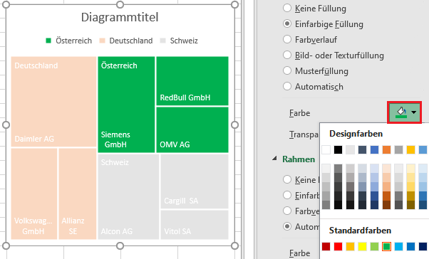 Screenshot Excel - Farbeinstellungen im Treemapdiagramm vornehmen