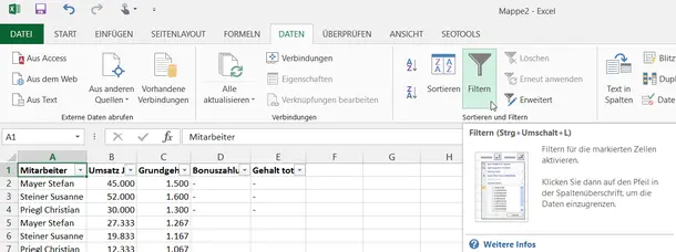Screenshot Excel - Filter-setzen