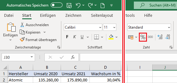 Screenshot Excel - Formatierung-in-Prozent