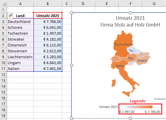 Screenshot Excel - Kartendiagramm Europa