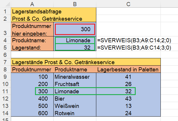 Screenshot Excel - Lagerstandsabfrage mit SVERWEIS