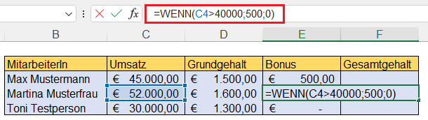 Screenshot Excel - WENN-Funktion-Bonustabelle-mit-Formel