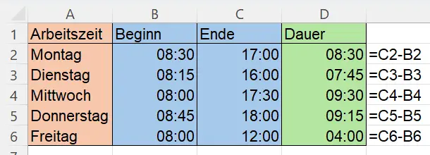 Screenshot Excel - Zeiterfassung-Einzelwerte