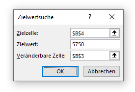 Screenshot Excel - Zielwertsuche-Eingabemaske