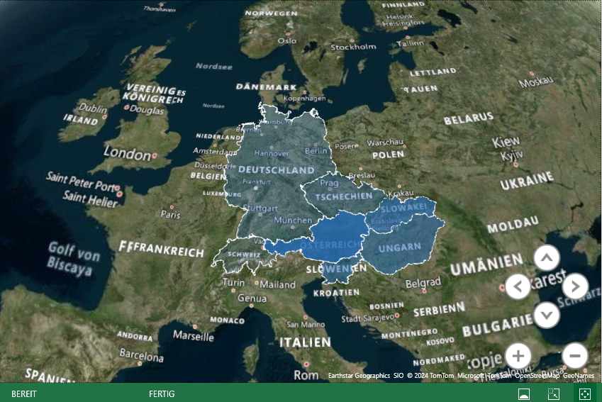 Screenshot in Excel: Geobasierte Visualisierung mit Daten in Europa in Excel 3D-Karte