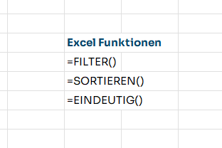 Screenshot: Die Excel Funktionen FILTER, SORTIEREN und EINDEUTIG in einer Excel Zelle eingetragen