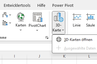 Screenshot in Excel: Menüpunkt 3D-Karte um geobasierte Daten in Excel auf einer 3D-Landkarte zu visualisieren