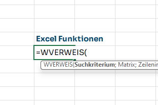Screenshot: Excel Funktion WVERWEIS eingetragen in eine Zelle in einem Excel Arbeitsblatt
