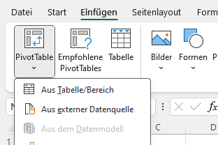 Screenshot Excel: Menüpunkt Pivot Tabelle