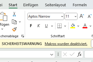 Screenshot mit Excel Sicherheitswarnung das Makros deaktiviert wurden
